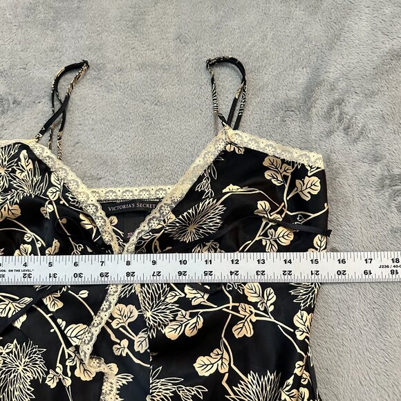 Victoria's Secret Tie Front Open Nightie Lingerie SMALL Black Tan Floral Silky - Picture 4 of 5